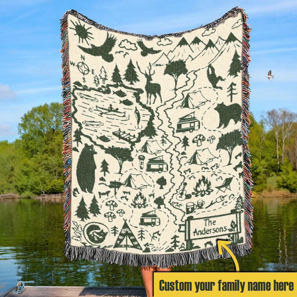Personalized Camping Map Family Woven Blanket
