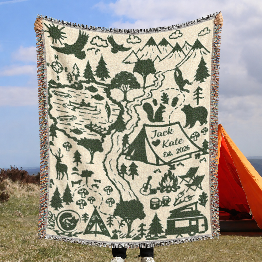 Personalized Camping Map Couple Woven Blanket