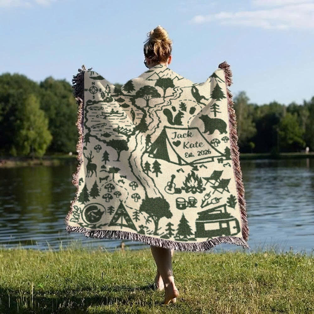 Personalized Camping Map Couple Woven Blanket