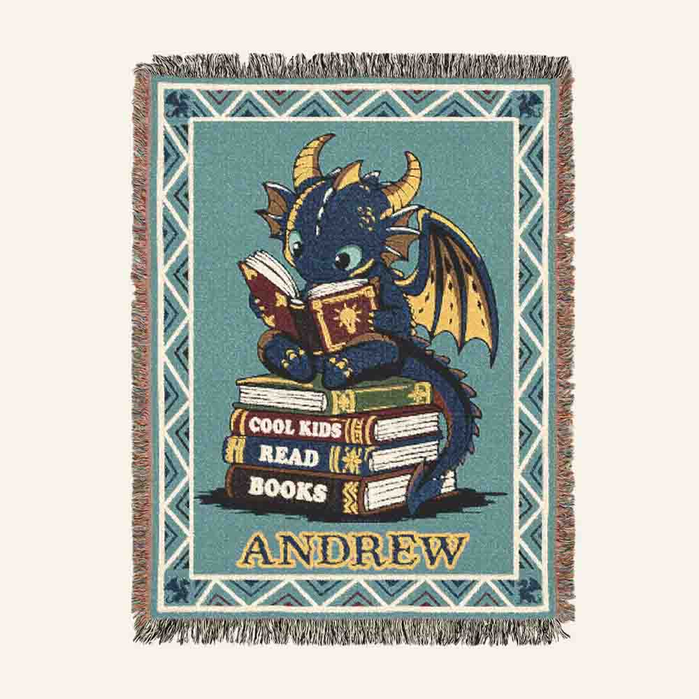 Personalized Cool Kids Read Books Dragon Kid Woven Blanket