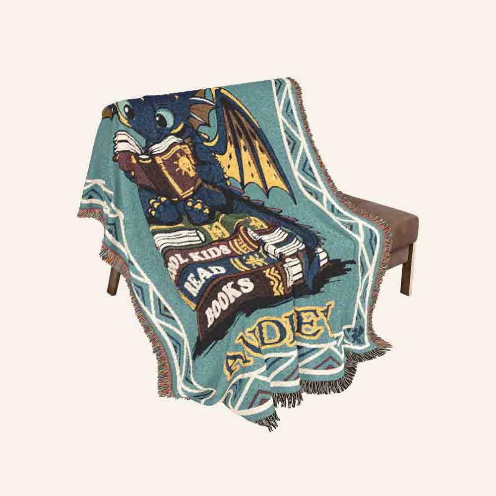 Personalized Cool Kids Read Books Dragon Kid Woven Blanket