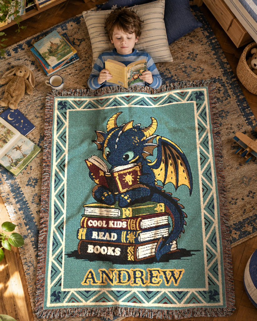 Personalized Cool Kids Read Books Dragon Kid Woven Blanket