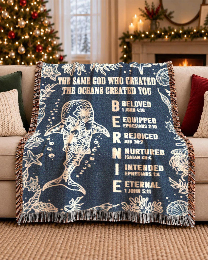 Personalized Name Scripture Ocean Theme Woven Blanket