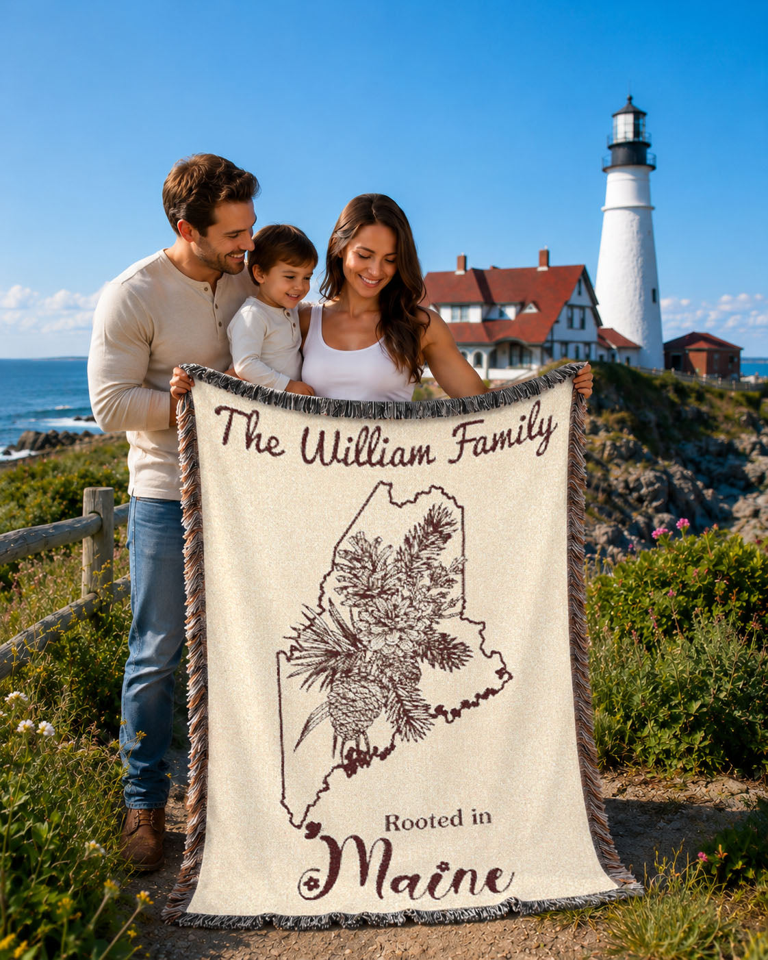 Personalized Family Name & State Flower Woven Blanket