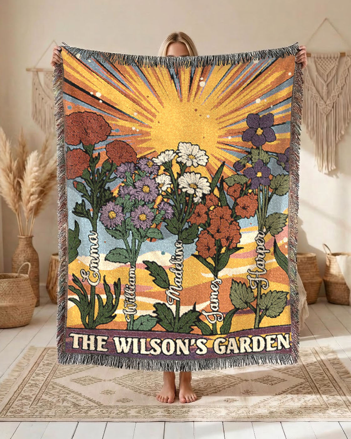 Personalized Family Birth Flower Vintage Retro Woven Blanket