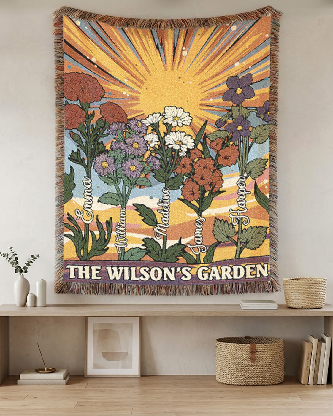 Personalized Family Birth Flower Vintage Retro Woven Blanket