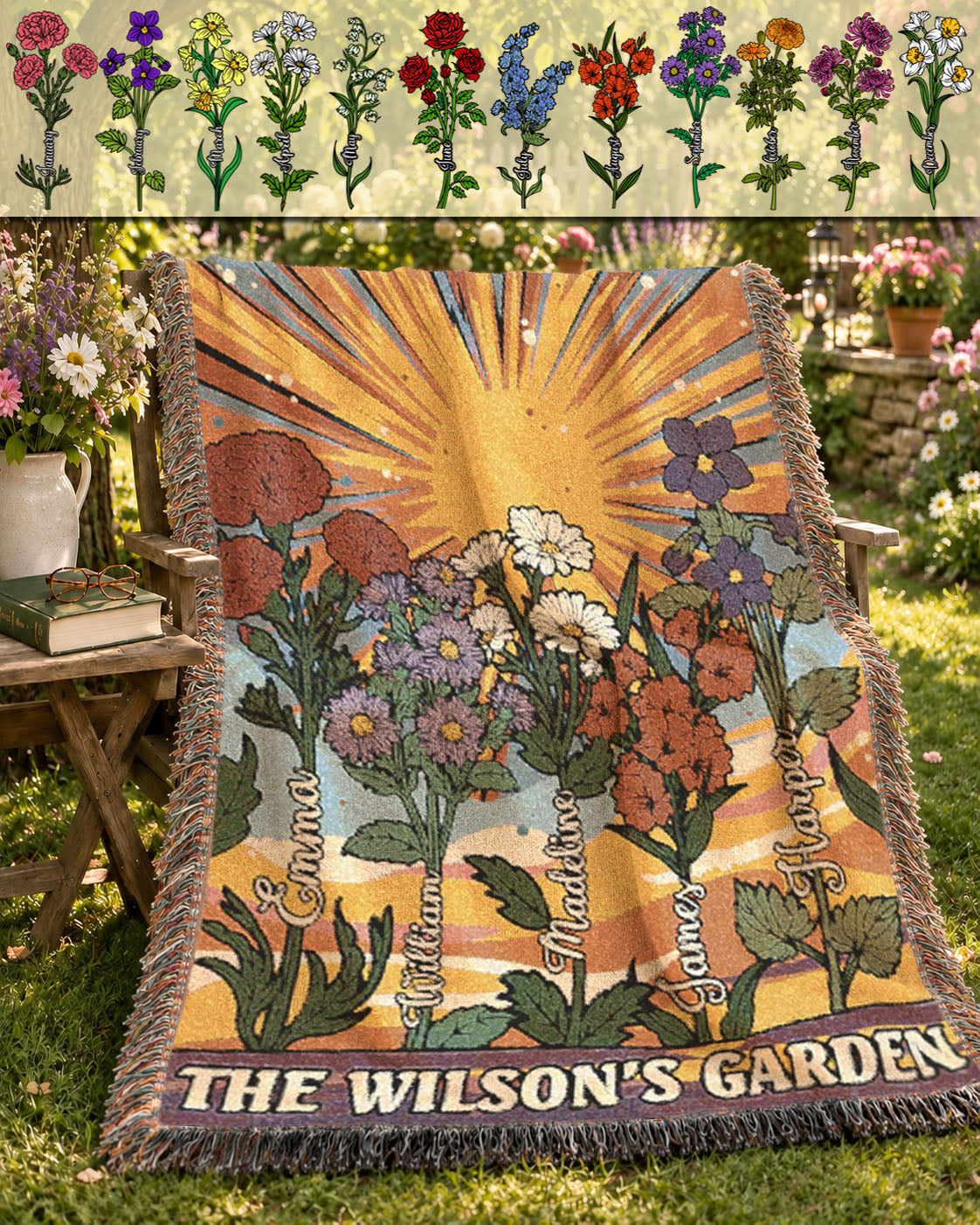 Personalized Family Birth Flower Vintage Retro Woven Blanket