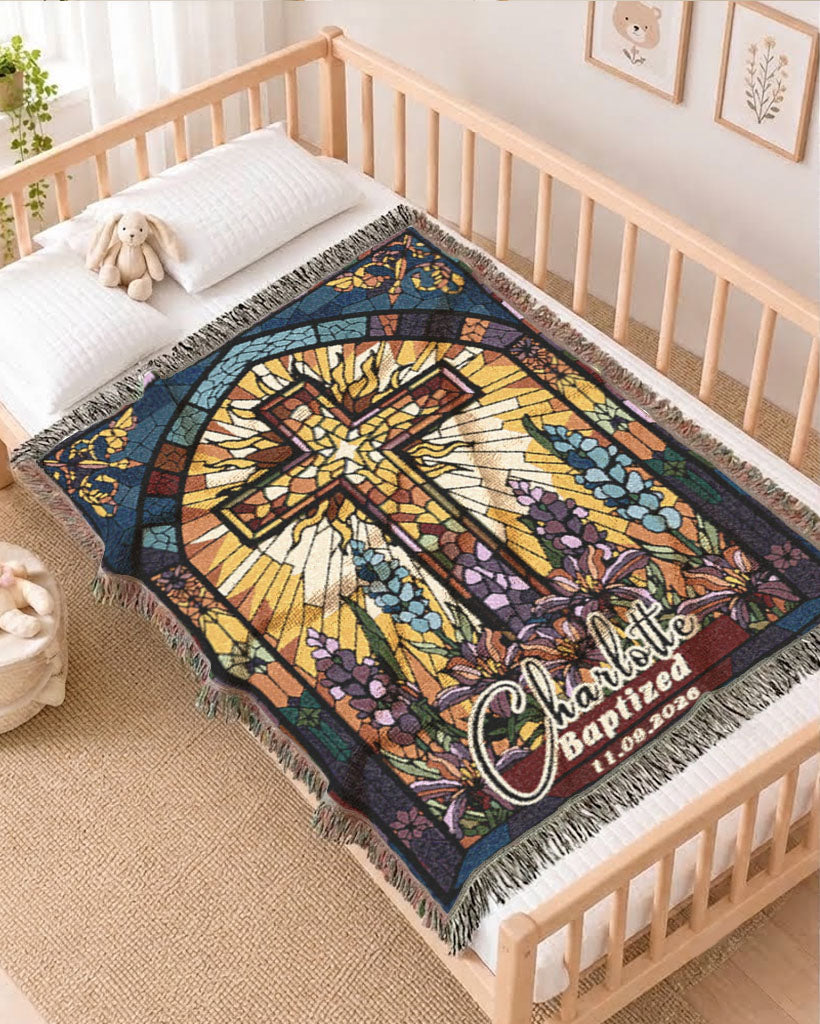 Personalized Stained Glass Baptism Woven Blanket