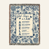 God Says I Am: Blue Toile & Scripture Affirmations For Babies - Personalized Woven Blanket