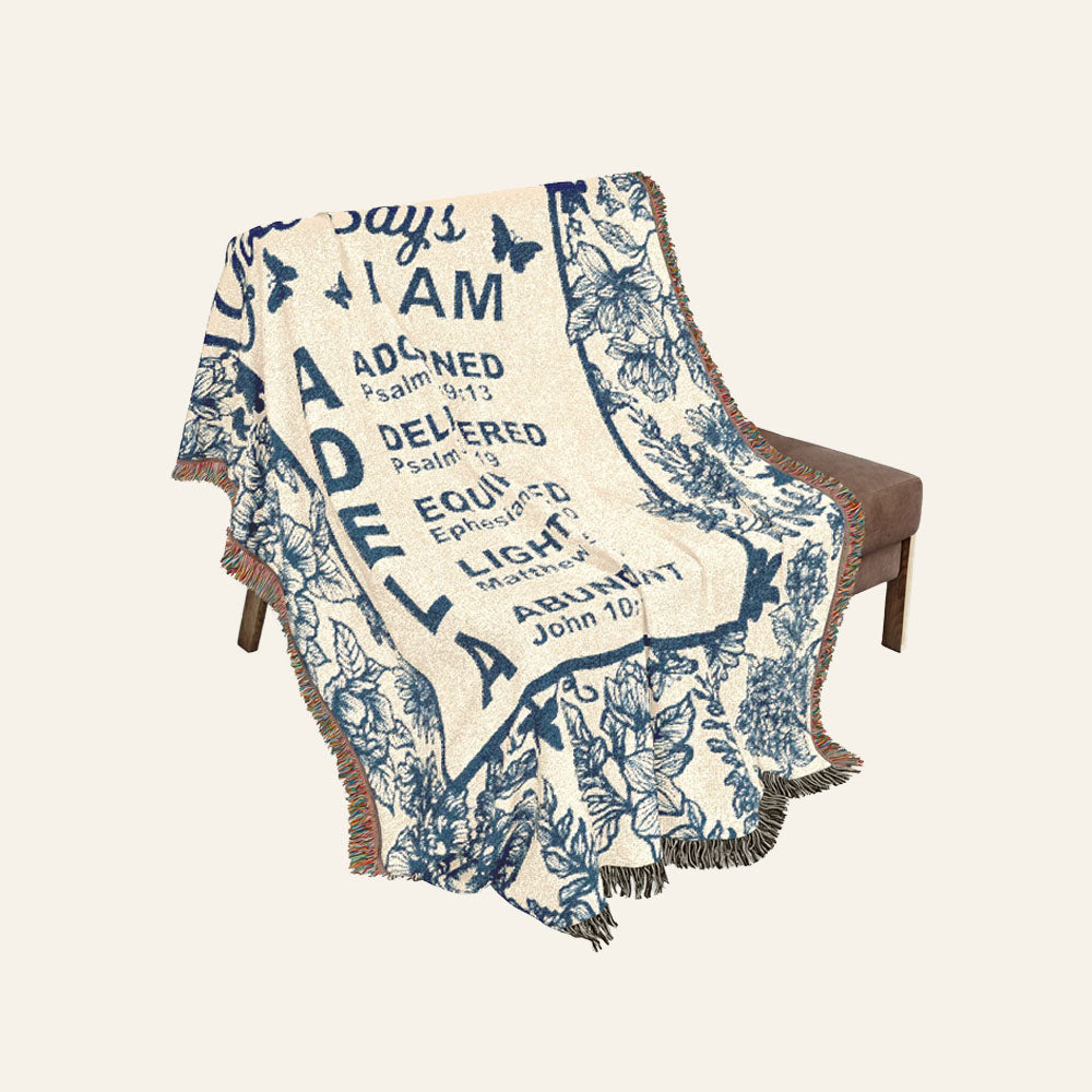 God Says I Am: Blue Toile & Scripture Affirmations For Babies - Personalized Woven Blanket