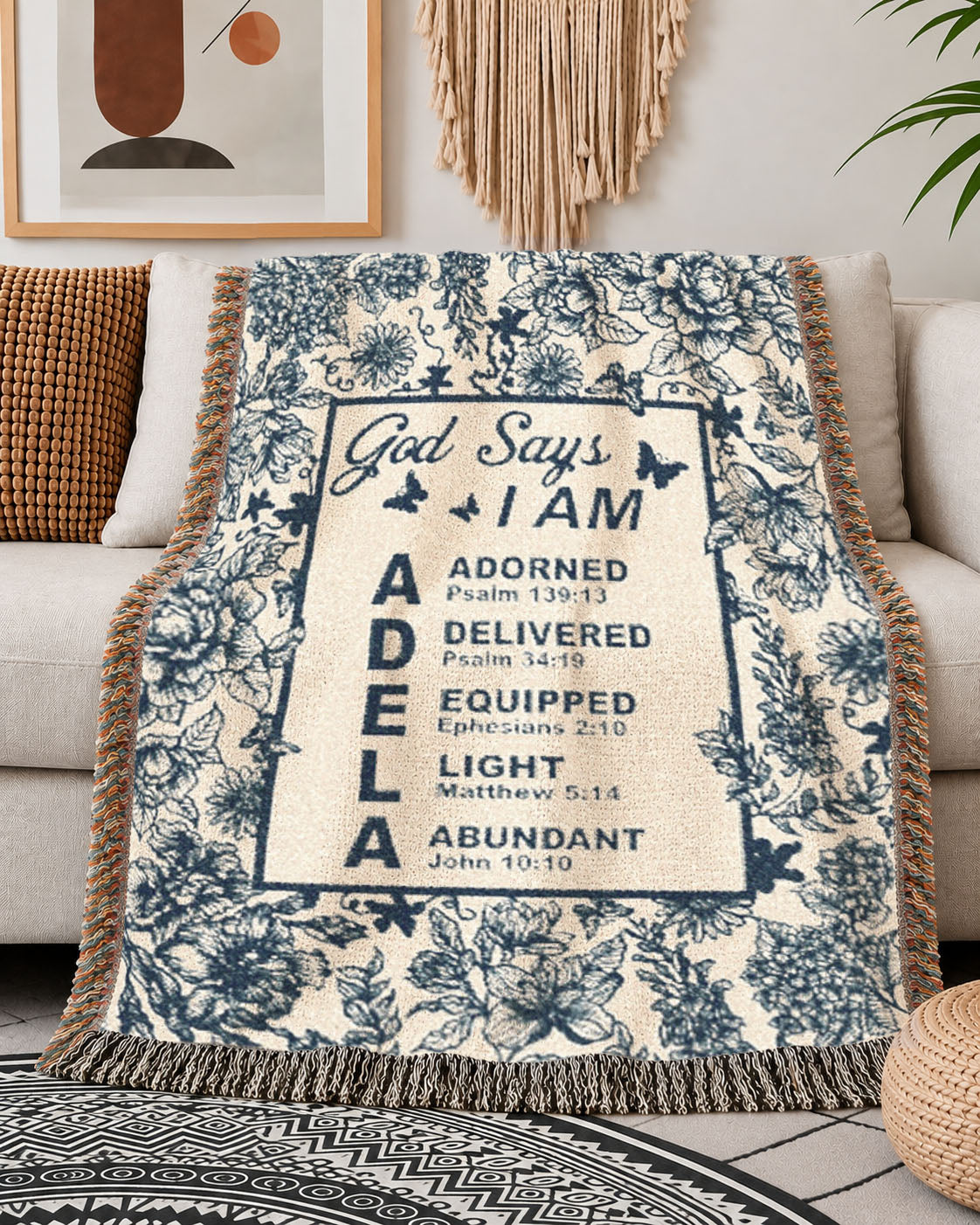 God Says I Am: Blue Toile & Scripture Affirmations For Babies - Personalized Woven Blanket