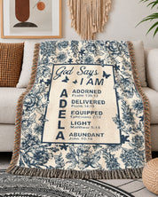 God Says I Am: Blue Toile & Scripture Affirmations For Babies - Personalized Woven Blanket