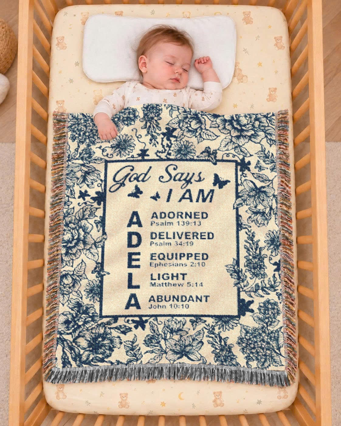 God Says I Am: Blue Toile & Scripture Affirmations For Babies - Personalized Woven Blanket