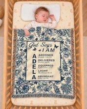 God Says I Am: Blue Toile & Scripture Affirmations For Babies - Personalized Woven Blanket