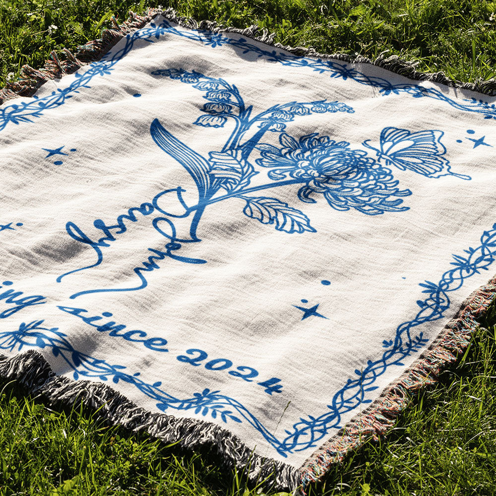 Personalized Flower Birth Couple Woven Blanket