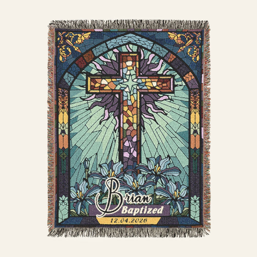 Baptism Day Blessings: Blue Stained Glass Cross For Baby Boys - Personalized Woven Blanket