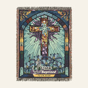 Baptism Day Blessings: Blue Stained Glass Cross For Baby Boys - Personalized Woven Blanket