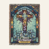 Baptism Day Blessings: Blue Stained Glass Cross For Baby Boys - Personalized Woven Blanket