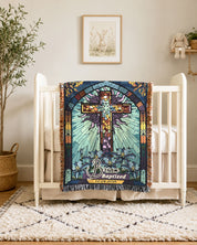 Baptism Day Blessings: Blue Stained Glass Cross For Baby Boys - Personalized Woven Blanket