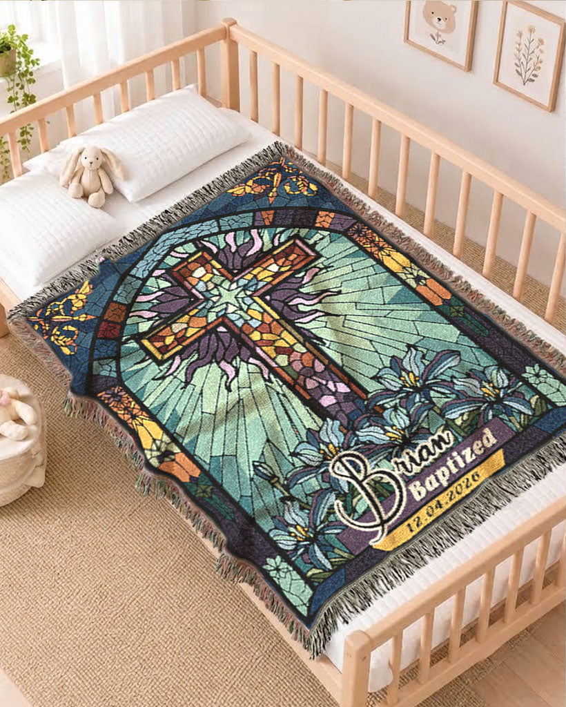Baptism Day Blessings: Blue Stained Glass Cross For Baby Boys - Personalized Woven Blanket