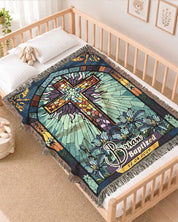 Baptism Day Blessings: Blue Stained Glass Cross For Baby Boys - Personalized Woven Blanket