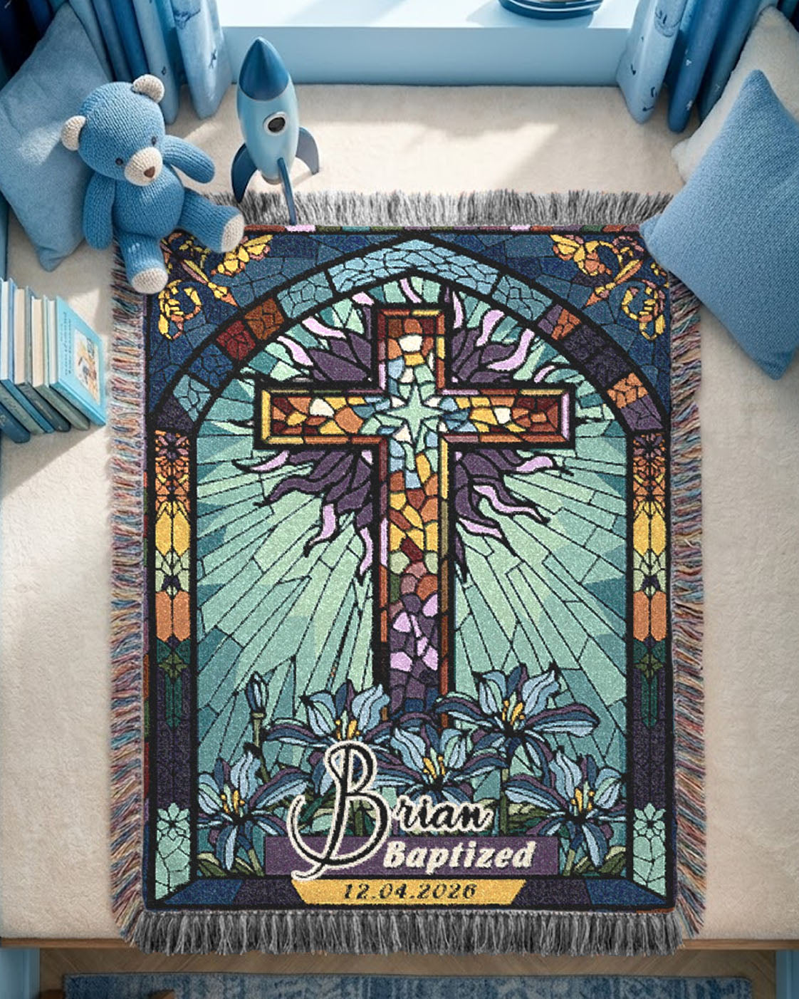 Baptism Day Blessings: Blue Stained Glass Cross For Baby Boys - Personalized Woven Blanket