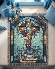 Baptism Day Blessings: Blue Stained Glass Cross For Baby Boys - Personalized Woven Blanket