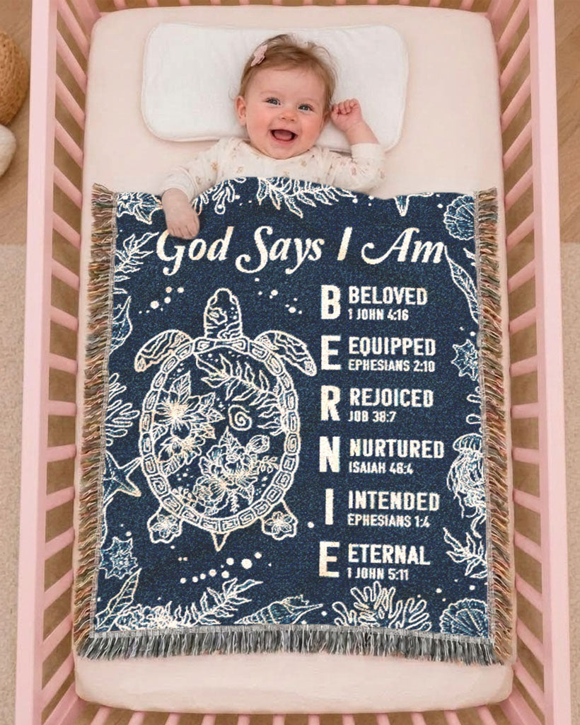 God Says I Am: Turtle Design With Faith Affirmations For Babies - Personalized Woven Blanket