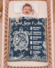 God Says I Am: Turtle Design With Faith Affirmations For Babies - Personalized Woven Blanket