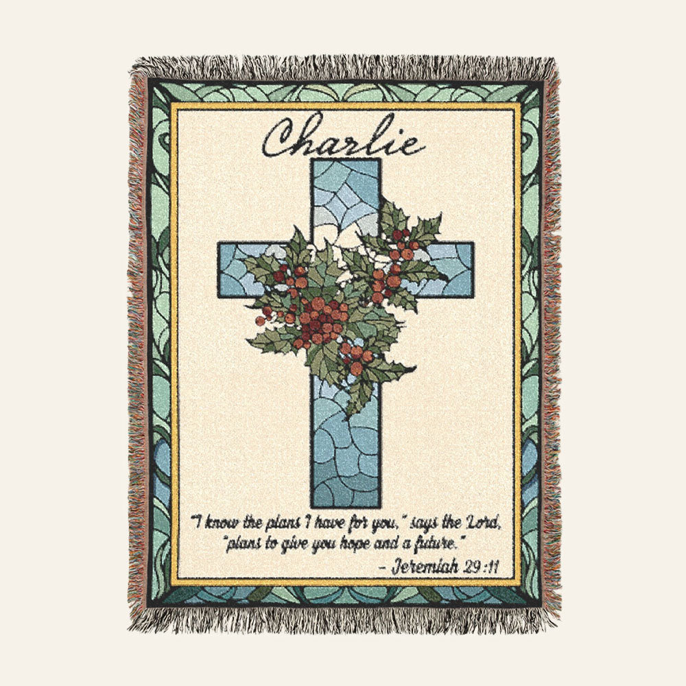 Personalized December Holly Blessing Woven Blanket