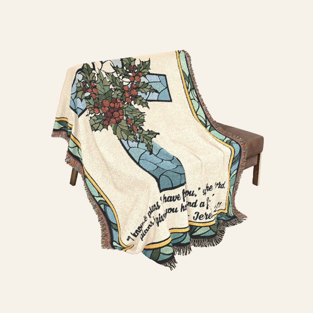 Personalized December Holly Blessing Woven Blanket
