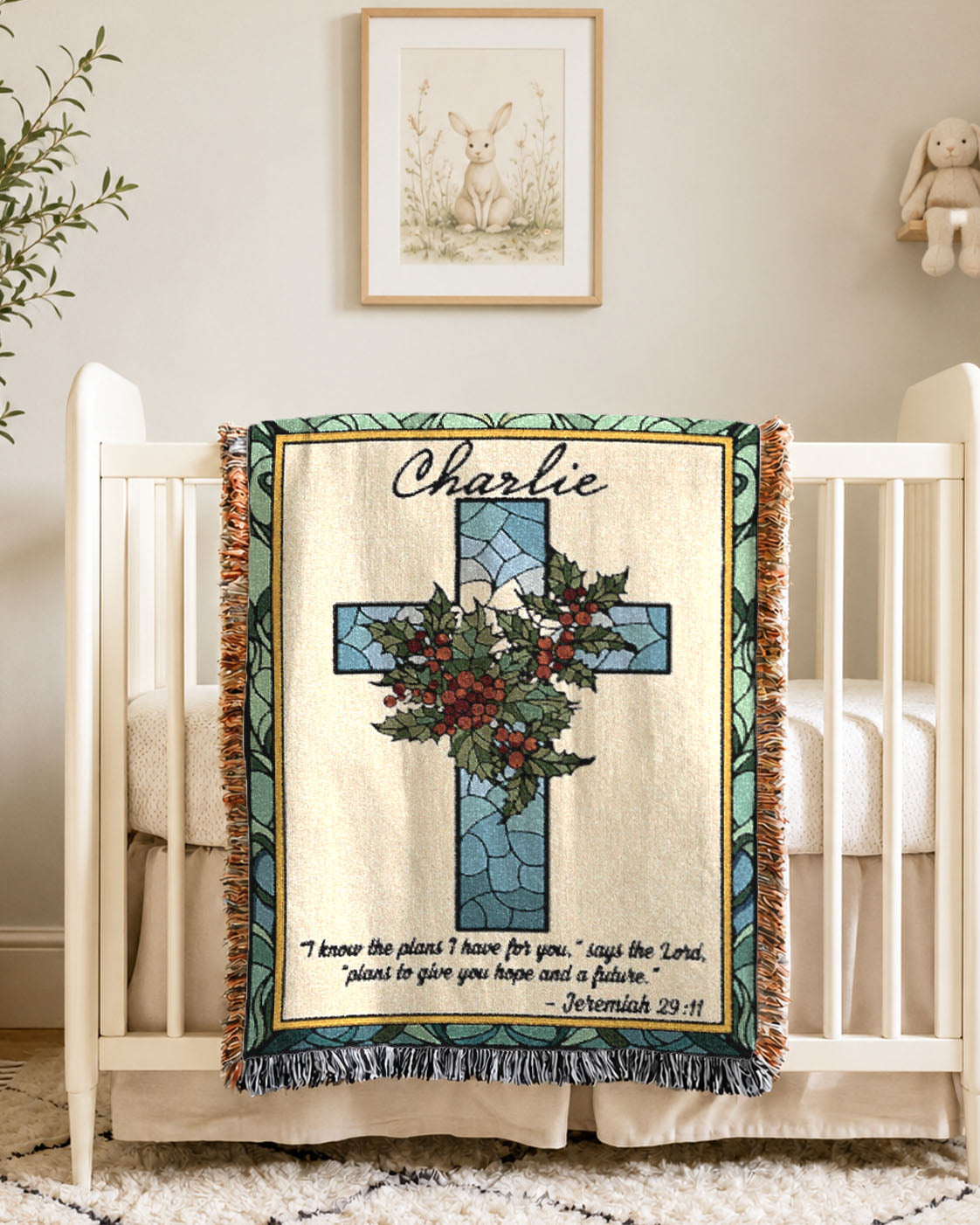 Personalized December Holly Blessing Woven Blanket