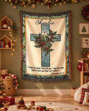 Personalized December Holly Blessing Woven Blanket