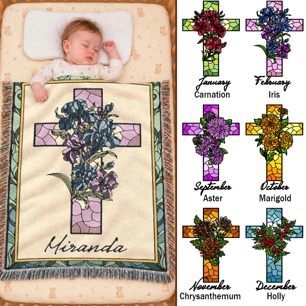 Personalized Stained Glass Birth Flower Cross Baby Woven Blanket
