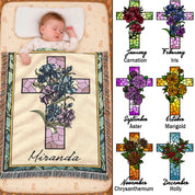Personalized Stained Glass Birth Flower Cross Baby Woven Blanket