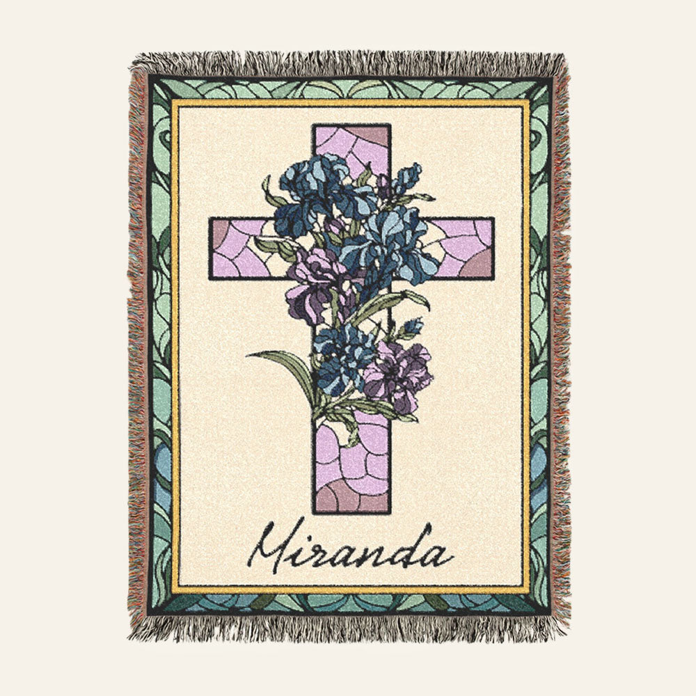 Personalized Stained Glass Birth Flower Cross Baby Woven Blanket