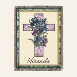 Personalized Stained Glass Birth Flower Cross Baby Woven Blanket
