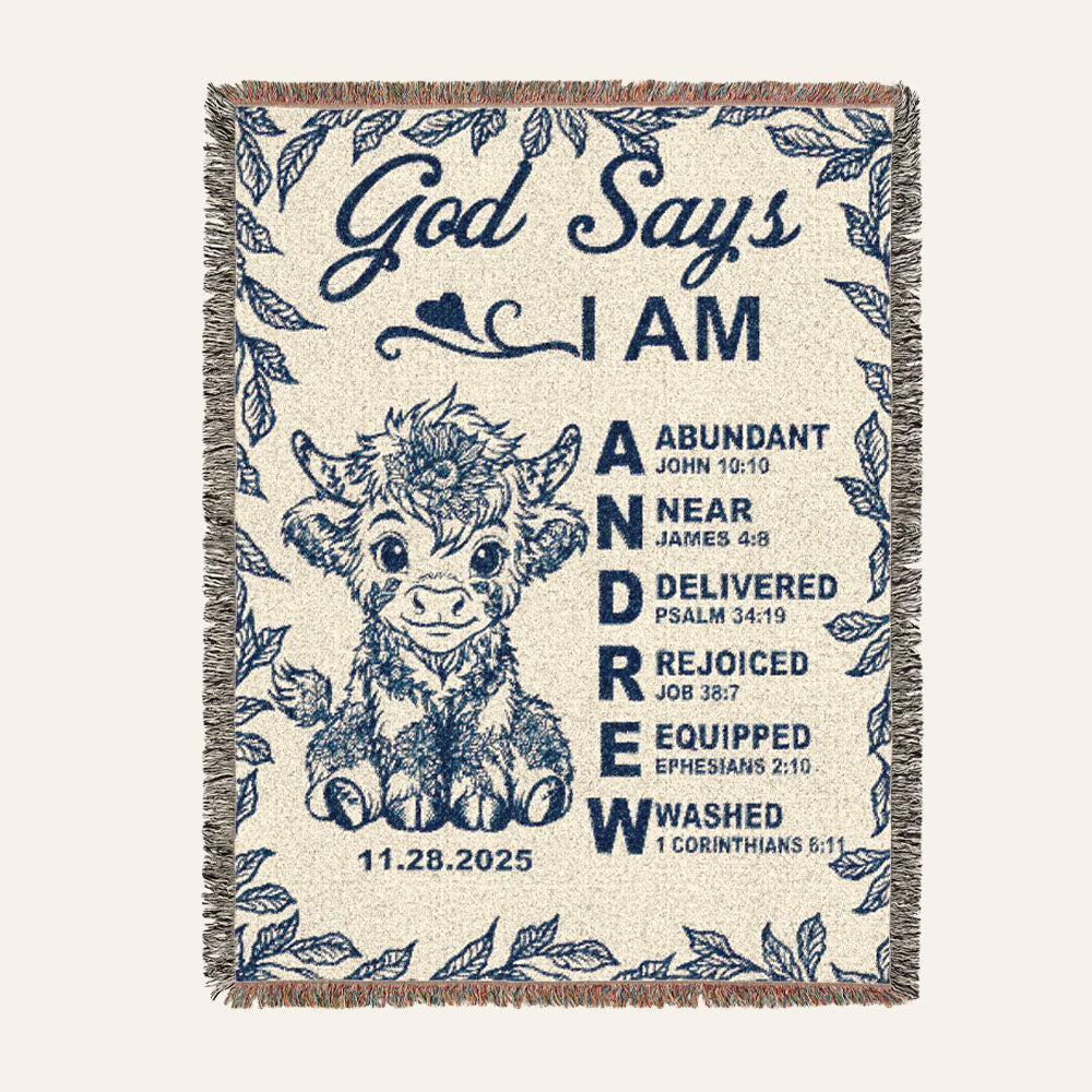 God Says I Am: Baby Longhorn & Scripture Affirmations For Babies & Kids - Personalized Woven Blanket