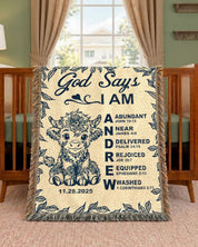 God Says I Am: Baby Longhorn & Scripture Affirmations For Babies & Kids - Personalized Woven Blanket