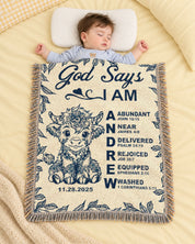 God Says I Am: Baby Longhorn & Scripture Affirmations For Babies & Kids - Personalized Woven Blanket