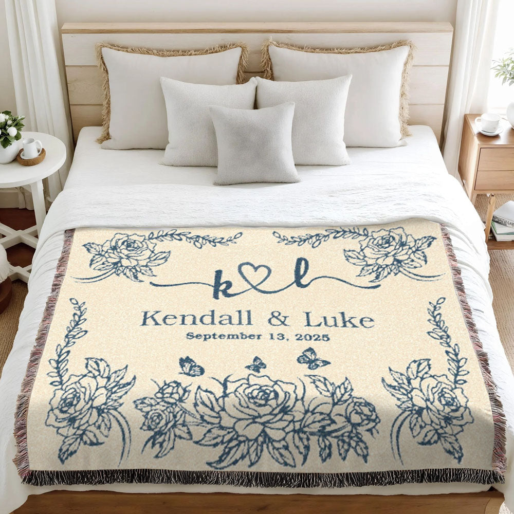Customized Floral Monogram Couple Woven Blanket