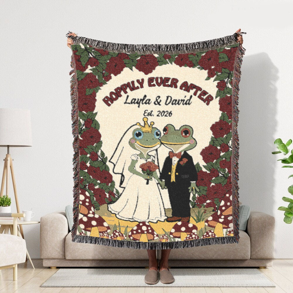 Personalized Couple Frog Wedding Hoppily Woven Blanket