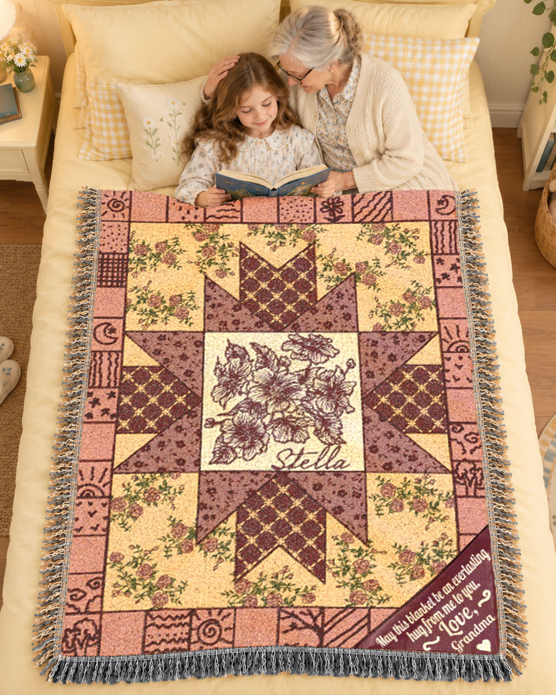 Pink Floral Patchwork & Birth Flower For Babies & Kids - Personalized Woven Blanket