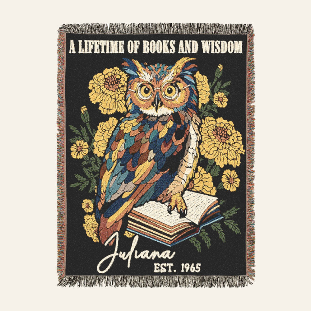 Personalized Lifetime of Books & Wisdom Owl Birth Flower Woven Blanket
