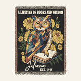 Personalized Lifetime of Books & Wisdom Owl Birth Flower Woven Blanket