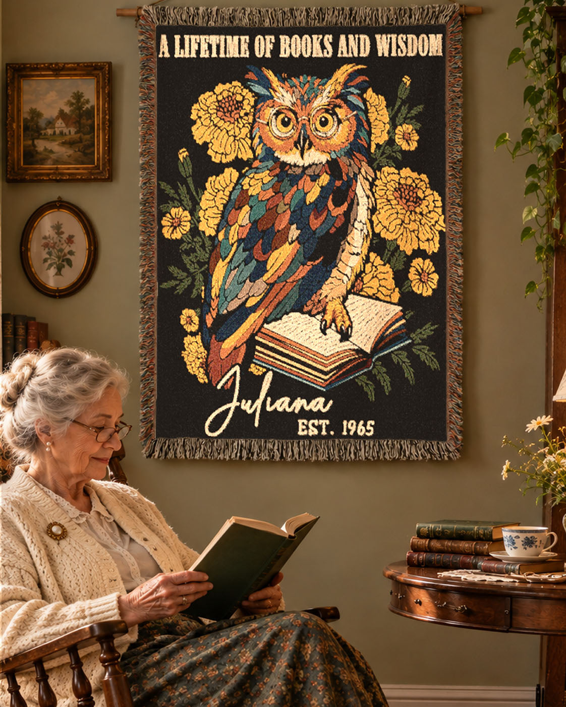Personalized Lifetime of Books & Wisdom Owl Birth Flower Woven Blanket