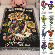 Personalized Lifetime of Books & Wisdom Owl Birth Flower Woven Blanket