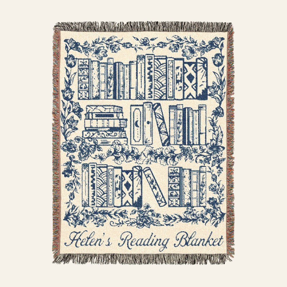 Personalized Blue Toile Books & Flowers Reading Woven Blanket