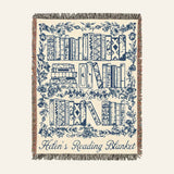 Personalized Blue Toile Books & Flowers Reading Woven Blanket