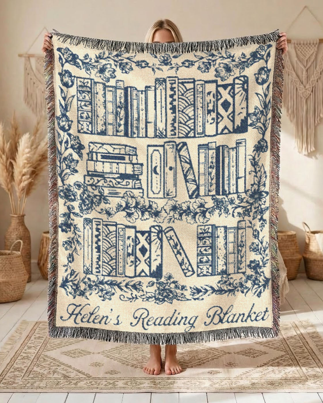Personalized Blue Toile Books & Flowers Reading Woven Blanket